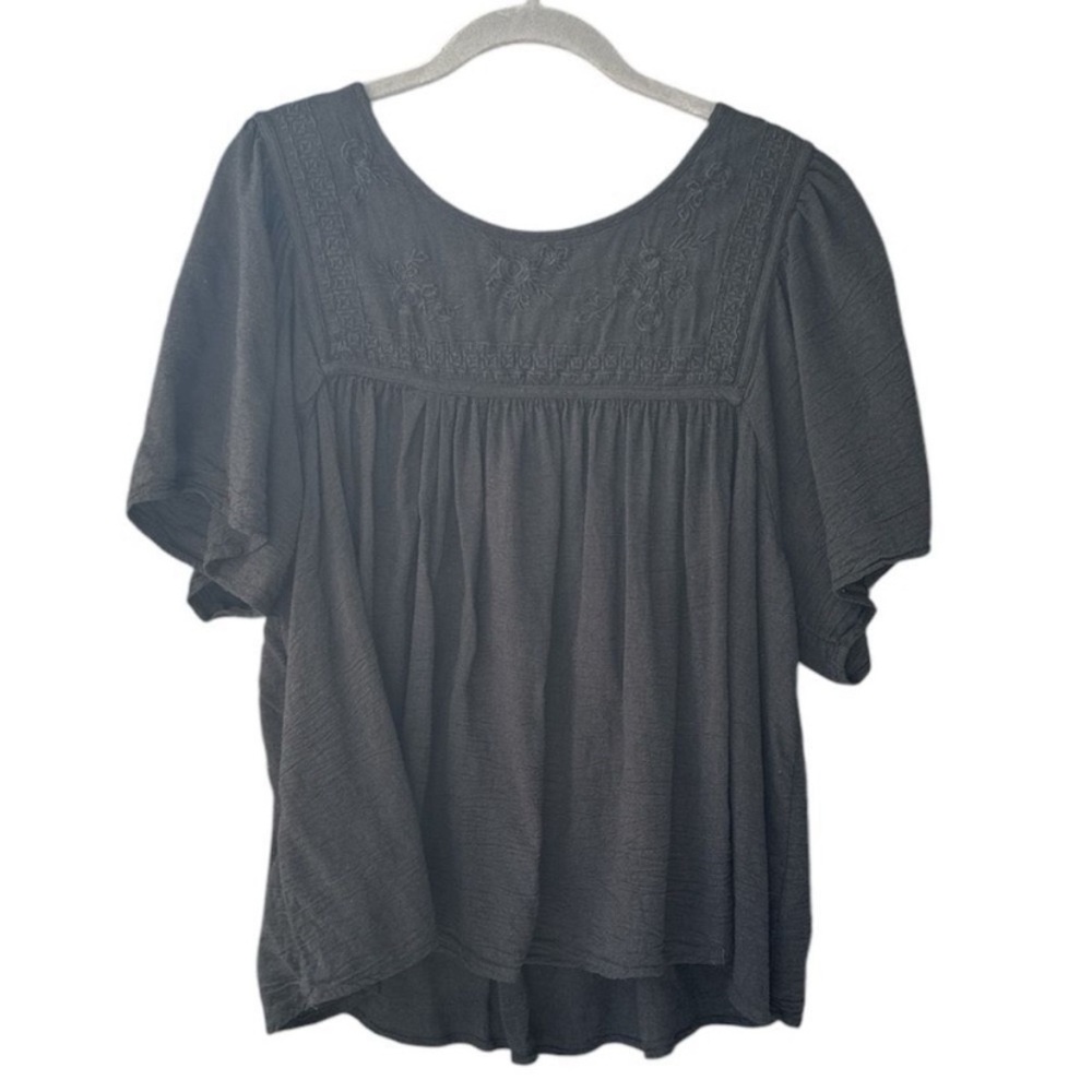 Lucky Brand Short Sleeve Embroidered Top Women's Gray Size XL